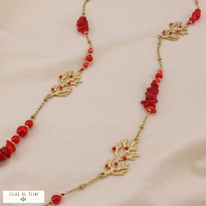 Collier sautoir acier pierre corail perle cristal 0125055 rouge