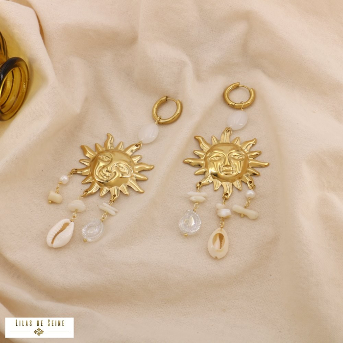 Boucles d'oreilles XXL bohème acier soleil visage 0325060 blanc