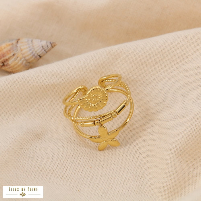 Bague multi-rangs acier étoile de mer coquillage 0425039 doré