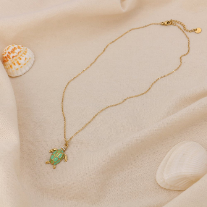 Collier acier inoxydable émail strass marin tortue 0125048 vert