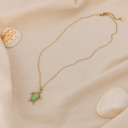 Collier acier inoxydable émail strass marin tortue 0125048 vert