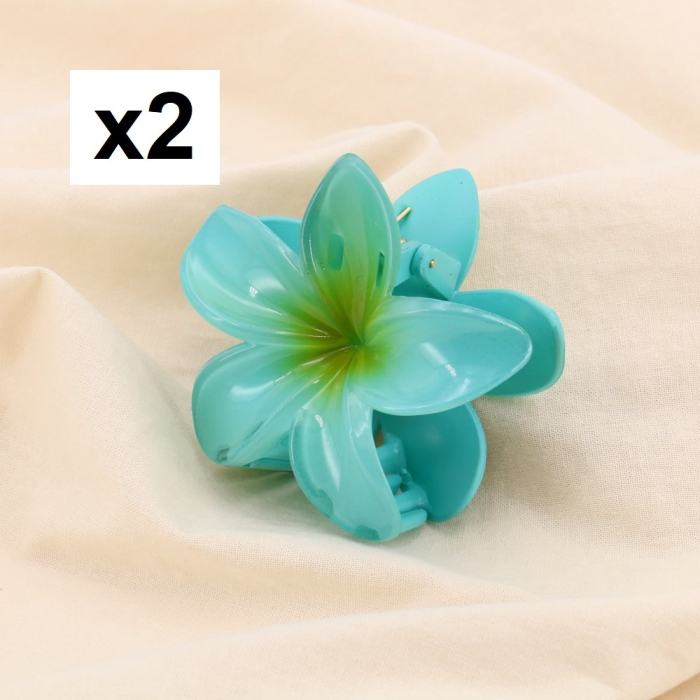2 Pinces à cheveux fleur plumeria acrylique 0625072 bleu turquoise
