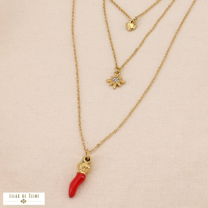Collier acier triple rang piment étoile cœur émail 0125104 rouge