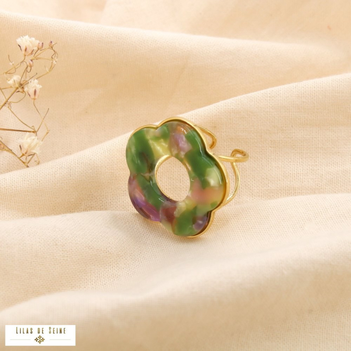Bague fleur résine marbrée acier inoxydable 0425052 vert