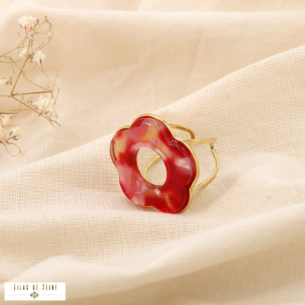Bague fleur résine marbrée acier inoxydable 0425052 fushia