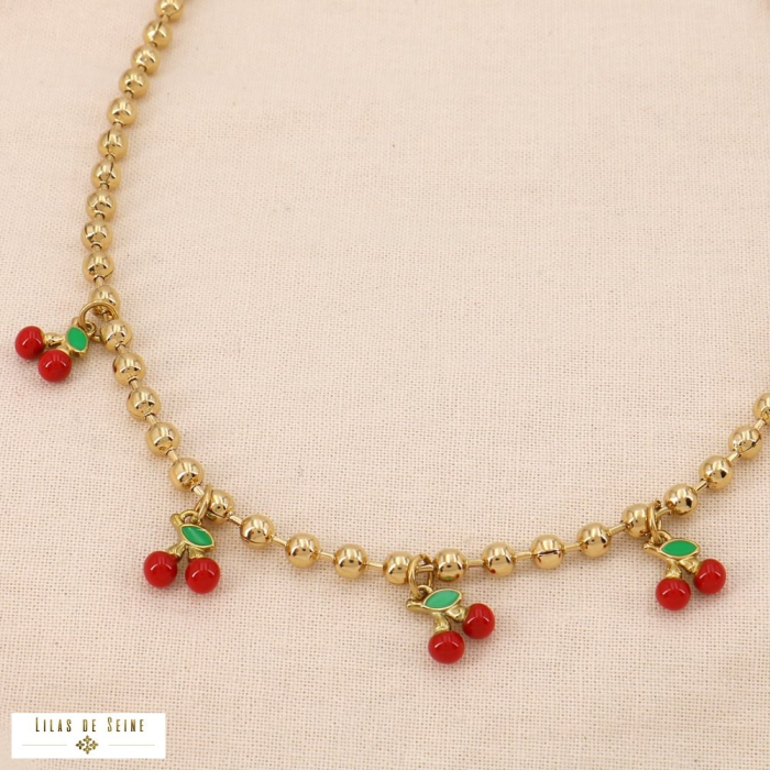Collier acier inoxydable émail pampilles cerises 0125105 rouge