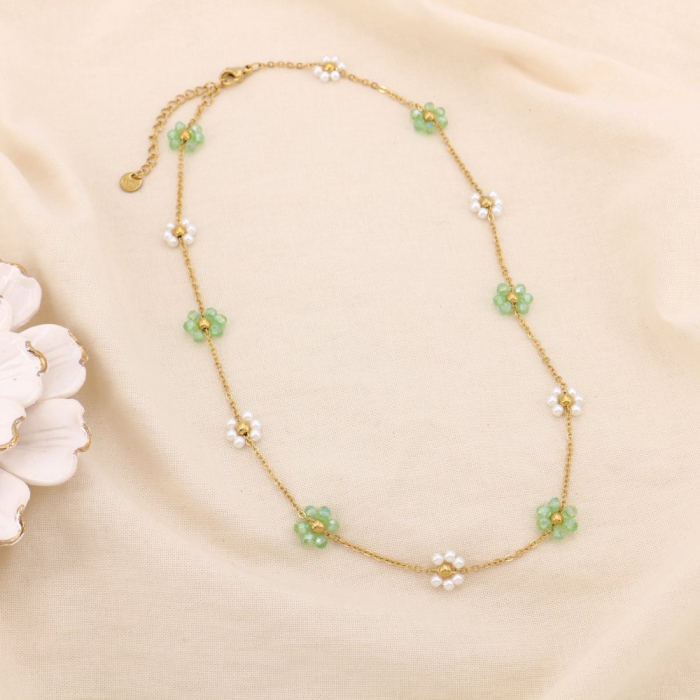 Collier acier inox fleur cristal perle acrylique 0125150 vert