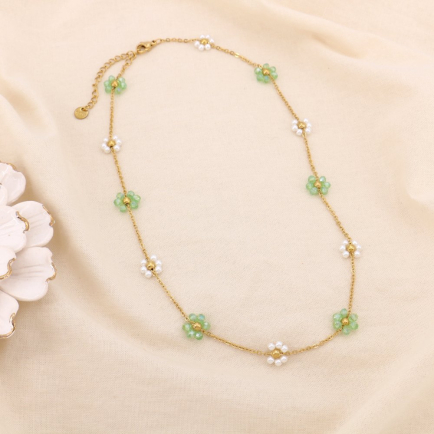 Collier acier inox fleur cristal perle acrylique 0125150 vert