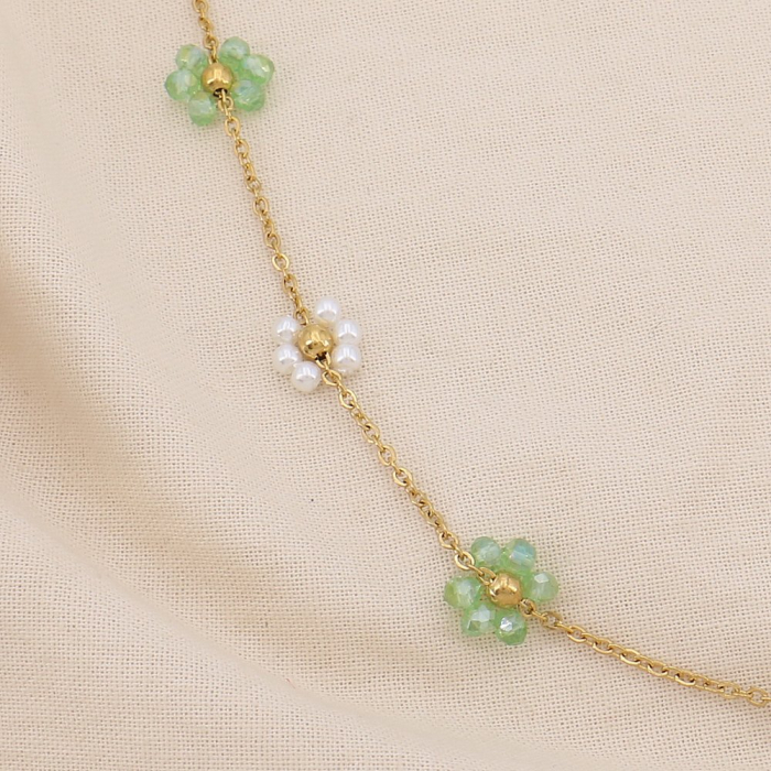 Collier acier inox fleur cristal perle acrylique 0125150 vert