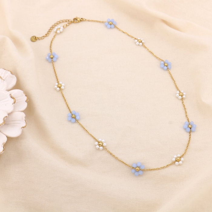 Collier acier inox fleur cristal perle acrylique 0125150 bleu
