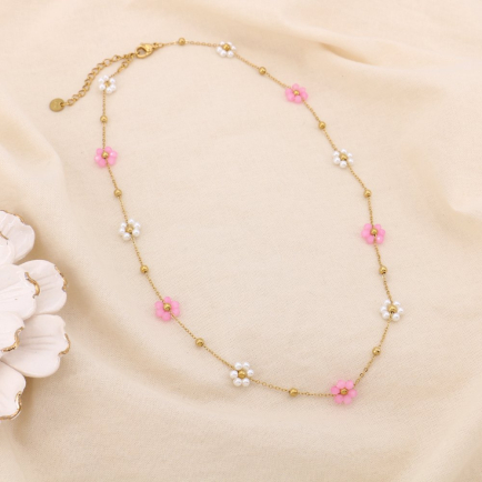 Collier acier inox fleur cristal perle acrylique 0125150 rose