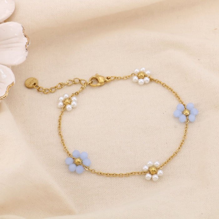 Bracelet acier inox fleur cristal perle acrylique 0225186 bleu
