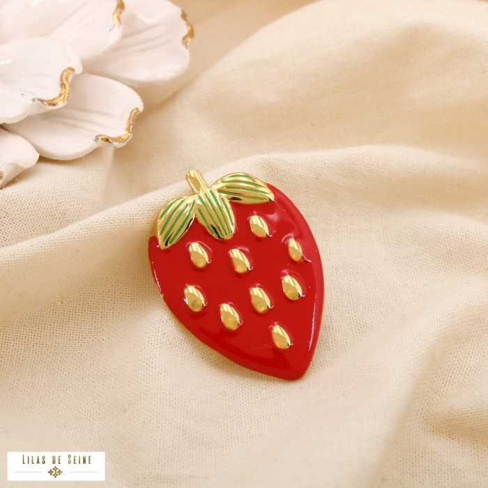 Broche épingle fraise acier inoxydable émail 0525011 rouge
