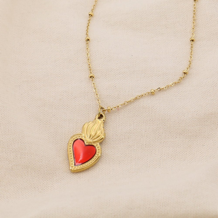 Collier Pendentif Coeur Sacré Ex-Voto Acier Inox. 0125149 rouge