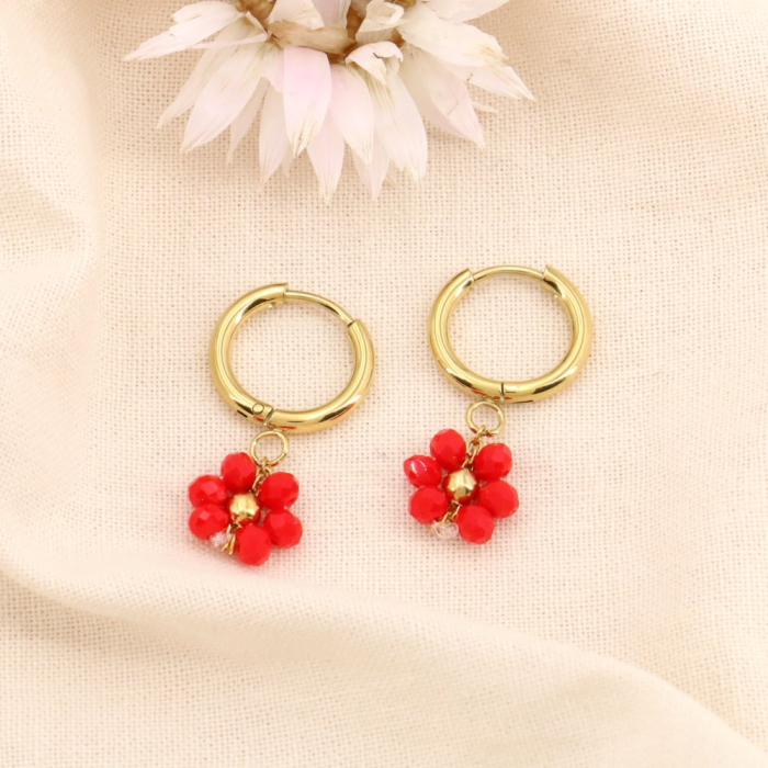 Mini-créoles acier inoxydable fleurs bille facettée cristal 0324152 rouge