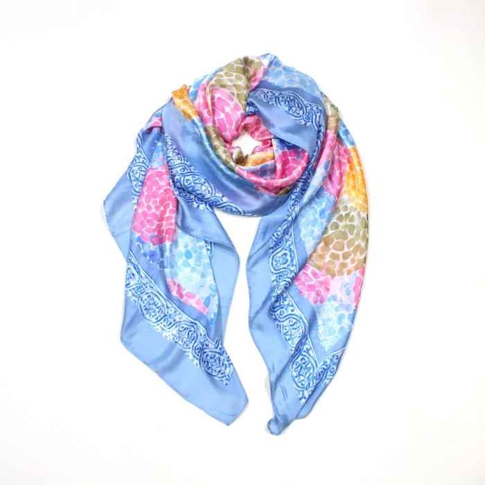 Étole Soie Viscose Imprimé Florale Multicolore 0725002 bleu ciel