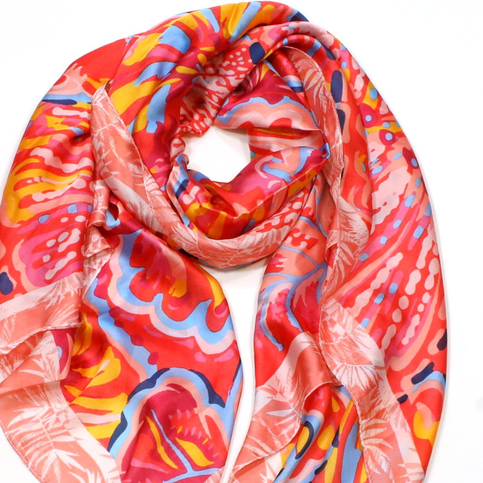 Étole Soie Viscose Feuille Exotique Multicolore 0725022 rouge corail