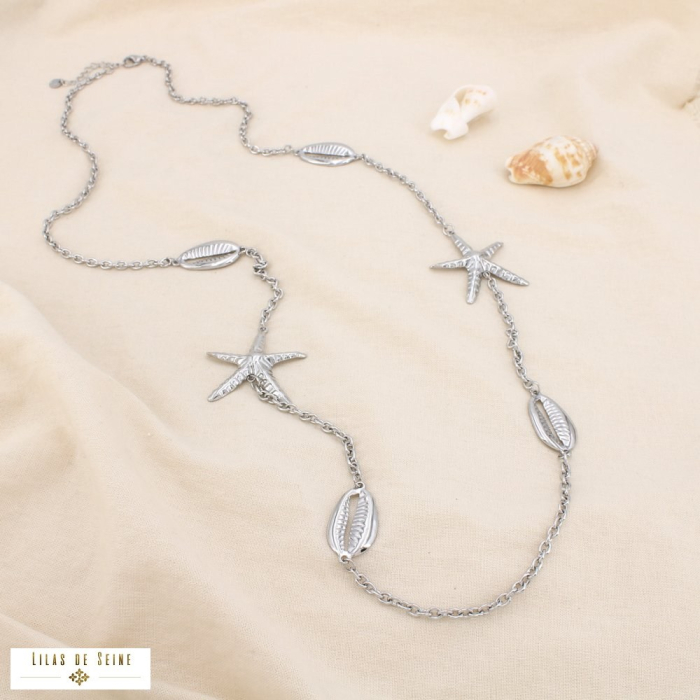 Collier sautoir acier étoile de mer coquillage 0125118 argenté