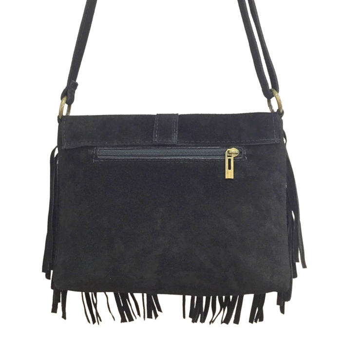 Sac à bandoulière en cuir véritable avec franges 0925025 noir