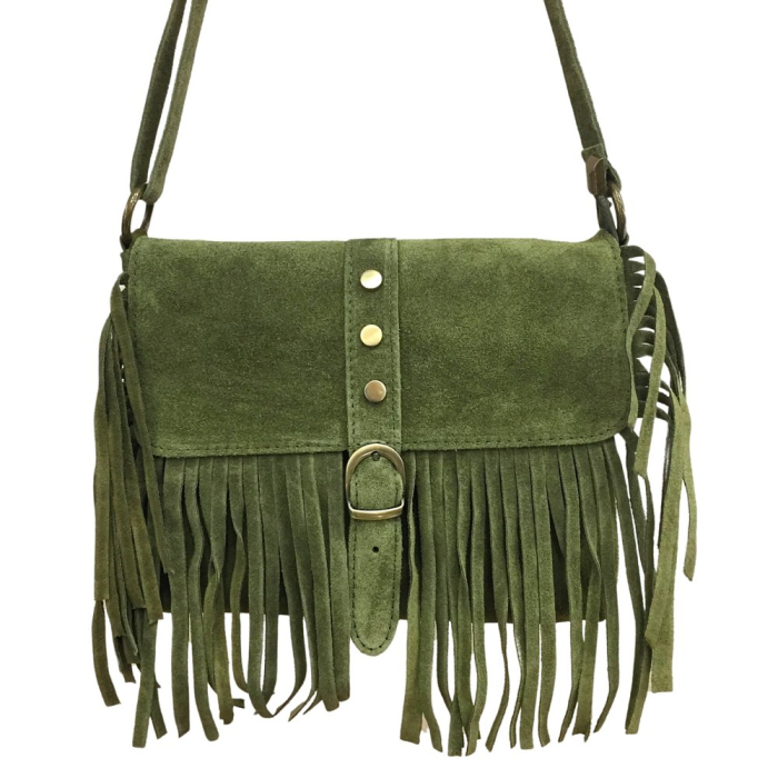 Sac à bandoulière en cuir véritable avec franges 0925025 vert kaki