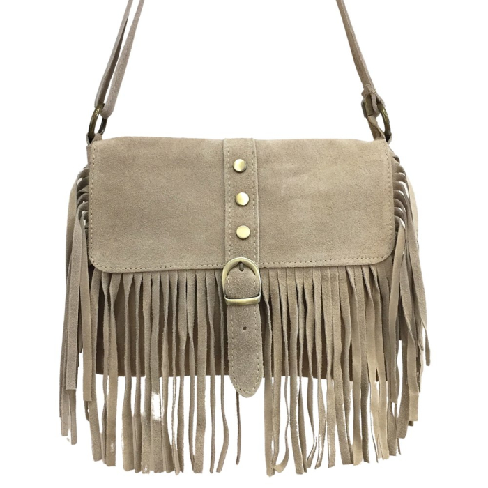 Sac à bandoulière en cuir véritable avec franges 0925025 naturel/beige