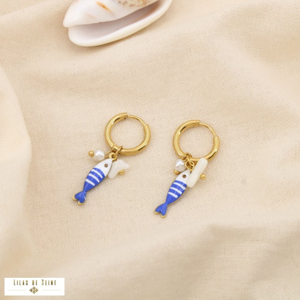 Boucles d'oreilles poisson acier émail nacre perle 0325085 bleu foncé