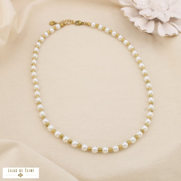 Collier billes acier inoxydable perles acryliques 0125107 doré