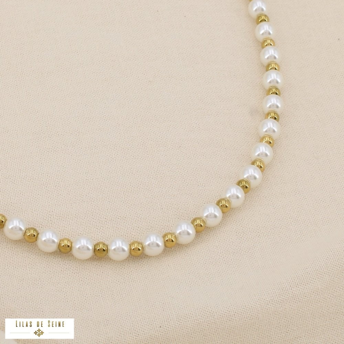 Collier billes acier inoxydable perles acryliques 0125107 doré