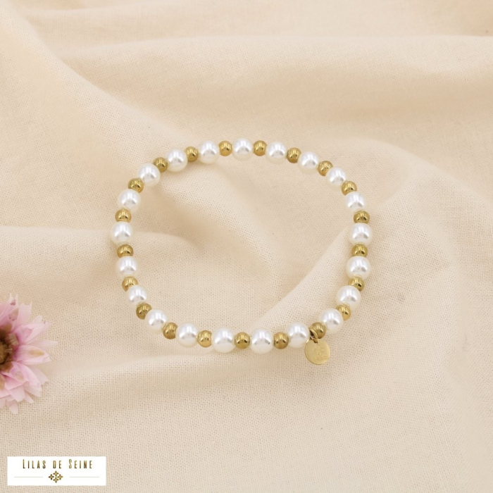 Bracelet élastique bille acier inox perle acrylique 0225138 doré