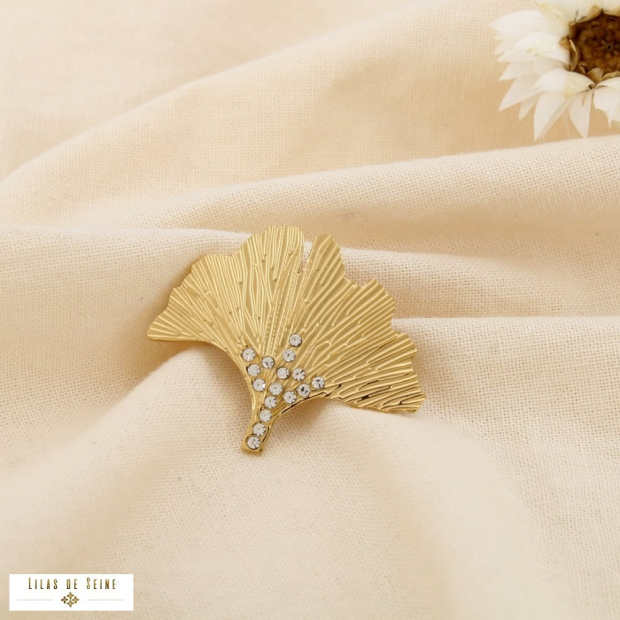 Broche Feuille Acier Inoxydable Strass 0525034 doré