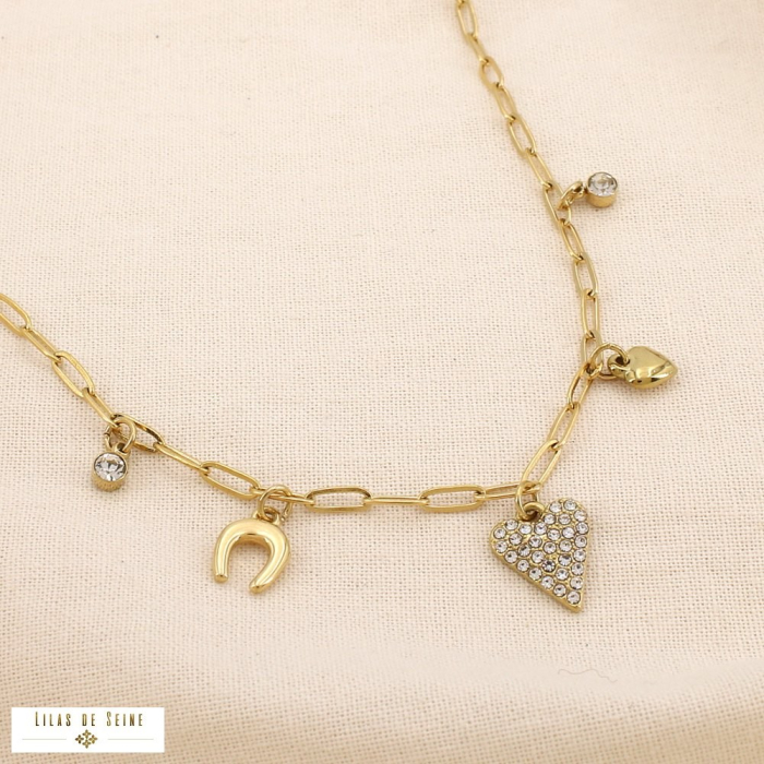 Collier charms coeur pavé strass fer à cheval acier 0125131 doré