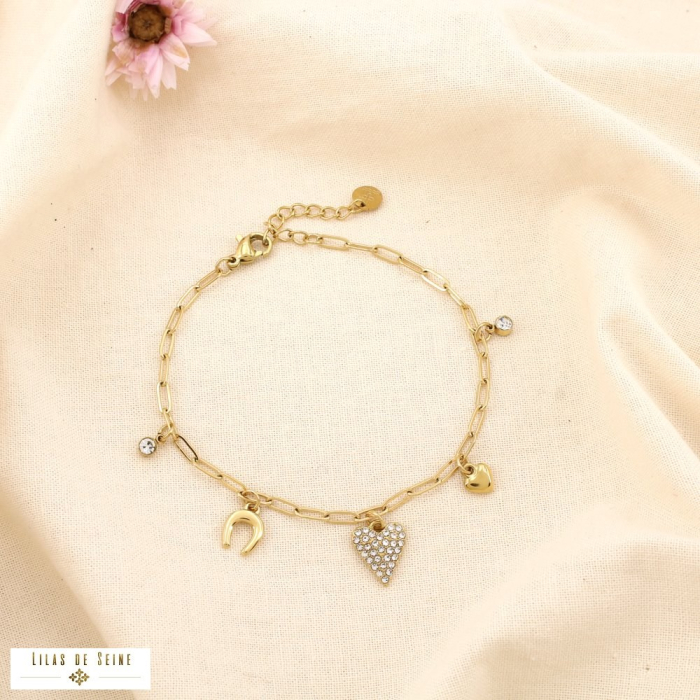 Bracelet charms coeur pavé strass fer à cheval acier 0225157 doré