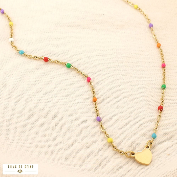 Collier cœur acier inoxydable doré perles émail 0225143 multi