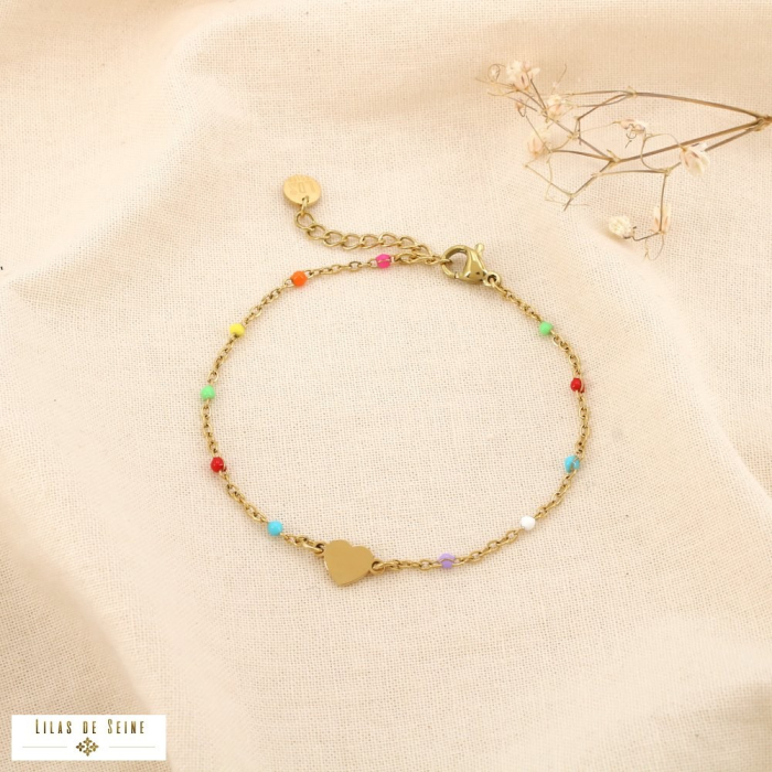 Bracelet cœur acier inoxydable doré perles émail 0225172 multi