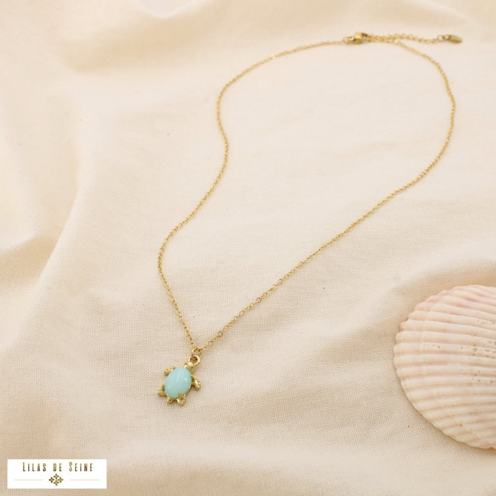 Collier acier pendentif tortue cabochon pierre nacre 0124160 vert aqua