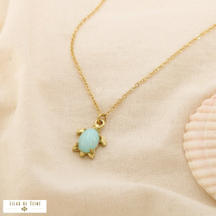 Collier acier pendentif tortue cabochon pierre nacre 0124160 vert aqua