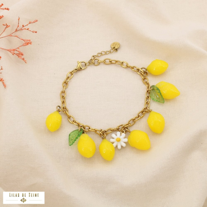 Bracelet acier breloques citron marguerite feuille 0225202 jaune