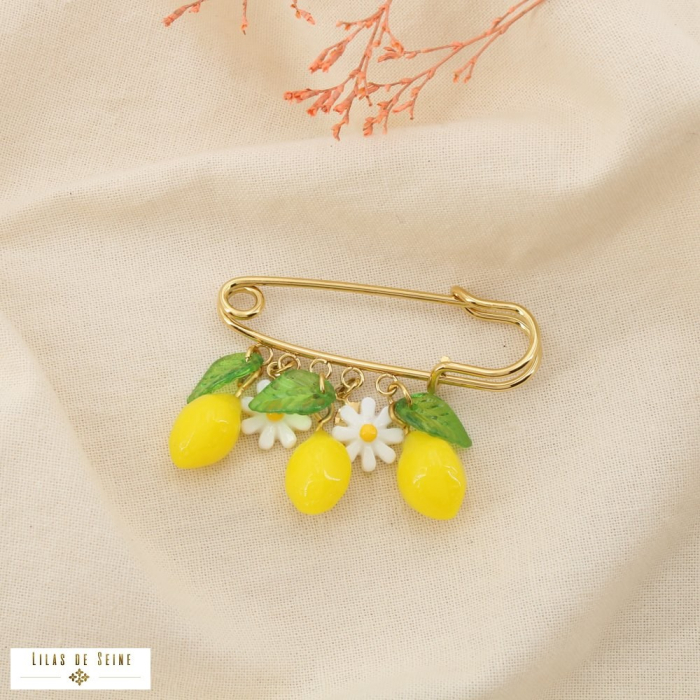 Broche acier résine citron marguerite feuille 0525035 jaune