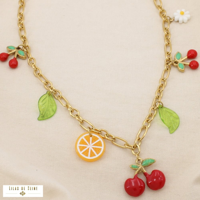Collier acier breloque fruit fleur émail acrylique 0125154 rouge