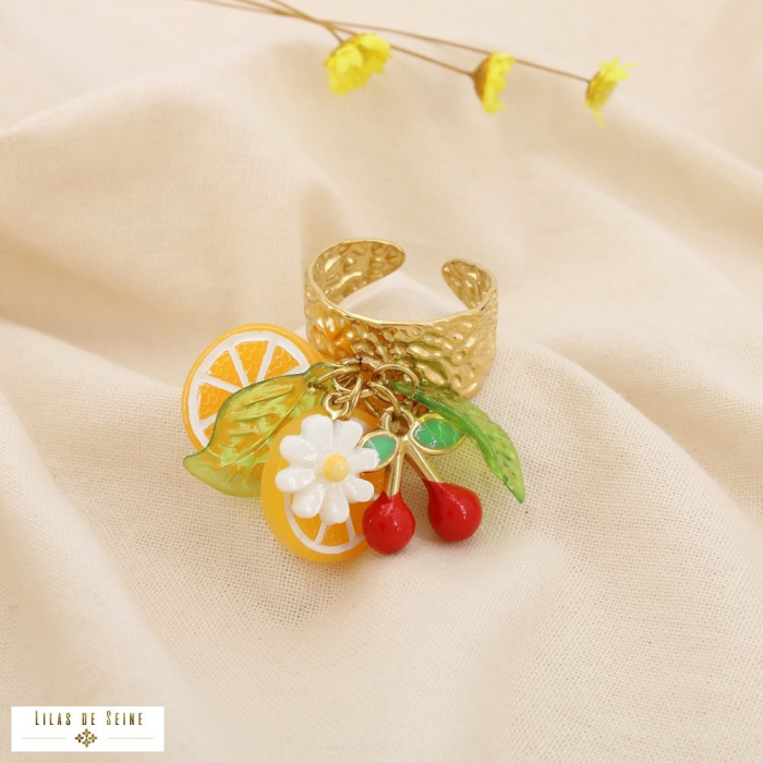 Bague acier émail cerise orange marguerite feuille 0425070 rouge