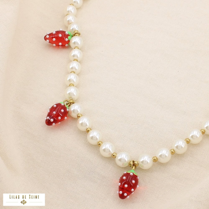 Collier fraise acier résine perle acrylique 0125146 rouge