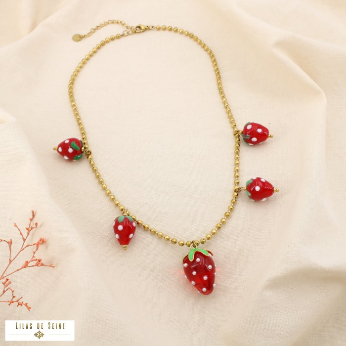 Collier fraise acier résine verre émail acrylique 0125155 rouge