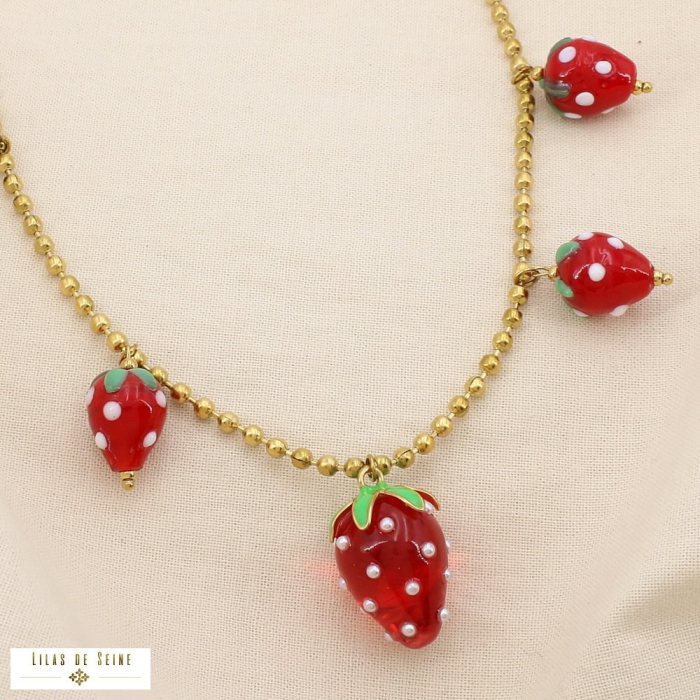 Collier fraise acier résine verre émail acrylique 0125155 rouge