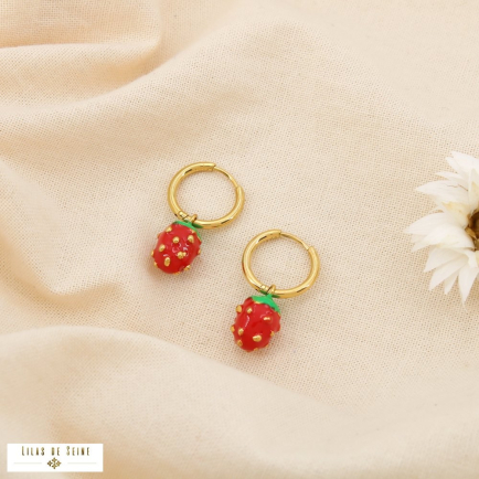 Mini-créoles acier émail breloques fraise 0325077 rouge