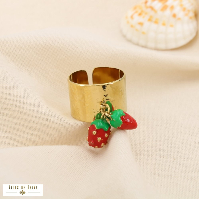 Bague large acier émail inoxydable martelé fraise 0425059 rouge