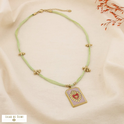 Collier acier cœur ex-voto émaillé cordon tissu 0125156 vert