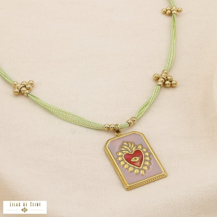 Collier acier cœur ex-voto émaillé cordon tissu 0125156 vert
