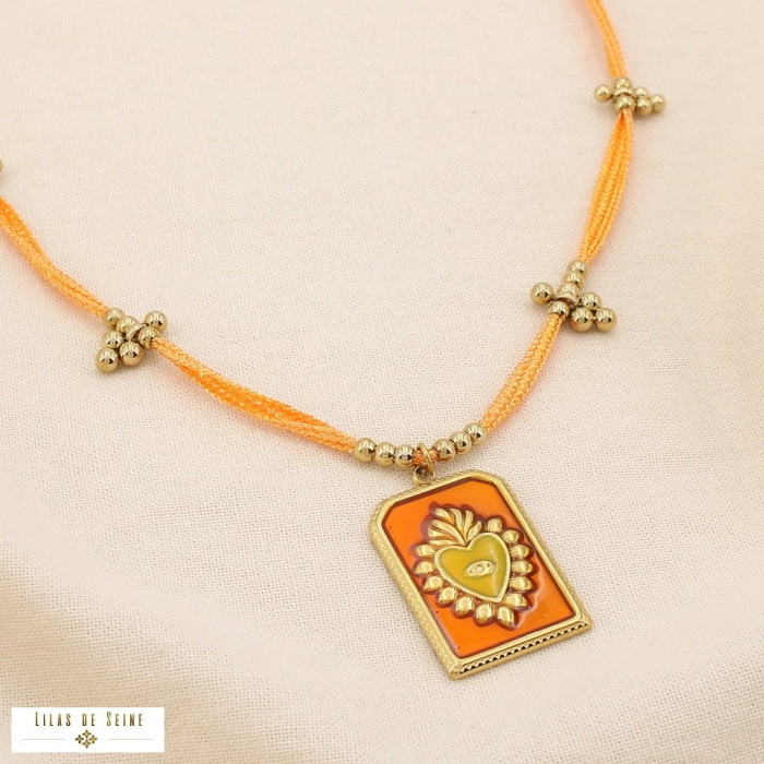 Collier acier cœur ex-voto émaillé cordon tissu 0125156 orange