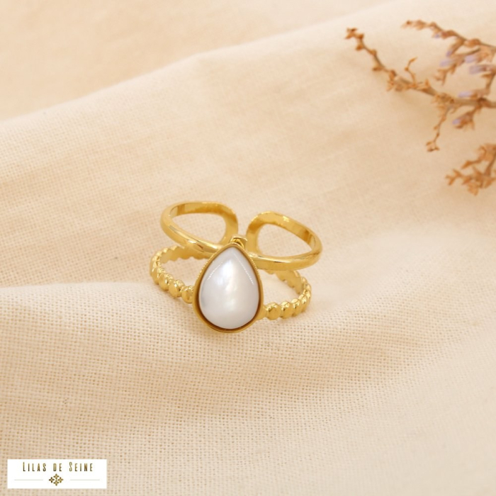 Bague double acier cabochon goutte pierre nacre 0425014 blanc