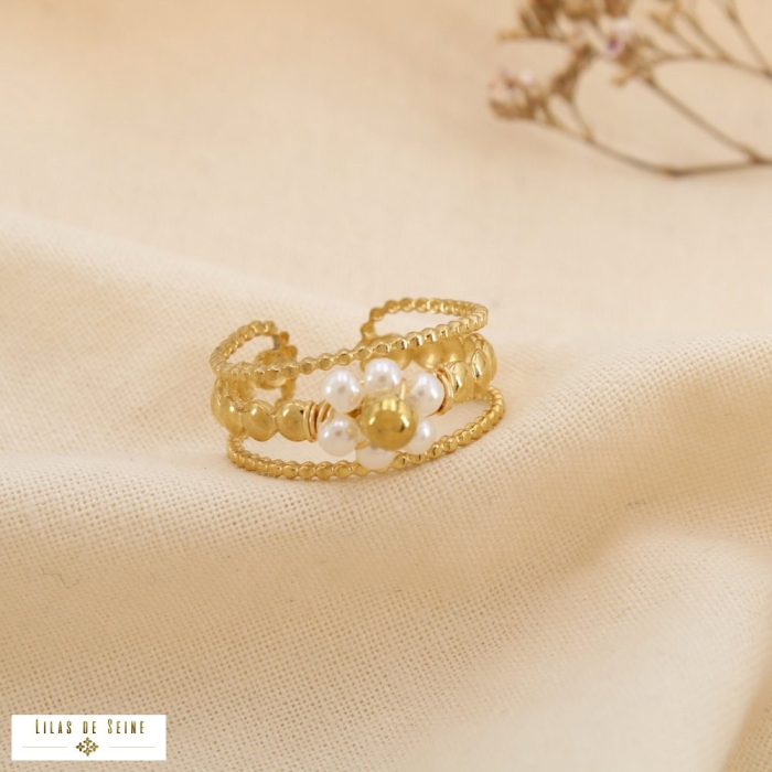 Bague multi-anneaux acier cristal perles acrylique 0425055 blanc